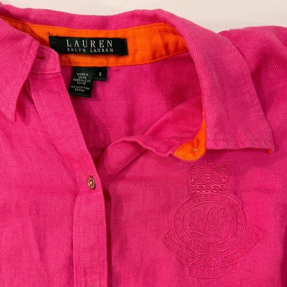 S Lauren Ralph Lauren Hot Pink Orange Gold Button-up Blouse - Picture 2 of 4